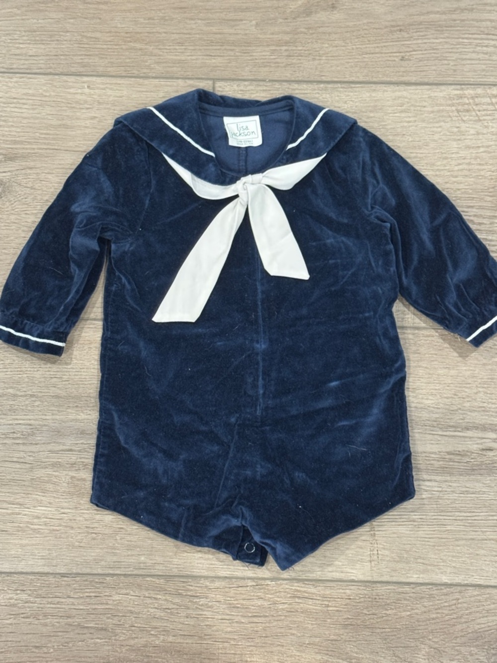 LISA JACKSON Navy Velvet Sailor Zip front Jon Jon with White Bow